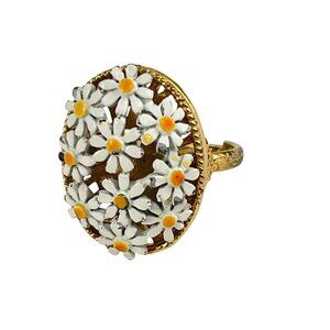 Vintage Daisy Flower Adjustable Ring Enamel Gold Tone Filigree Oval Statement